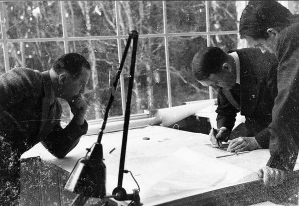 Adolf Hitler with architects Hermann Giesler and Albert Speer working on architectural plans in Bechstein house on the Obersalzberg 